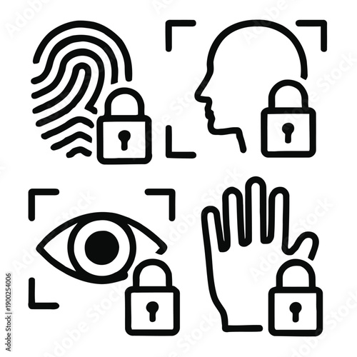 Security icons depicting biometric authentication features like fingerprints face eye and hand scans