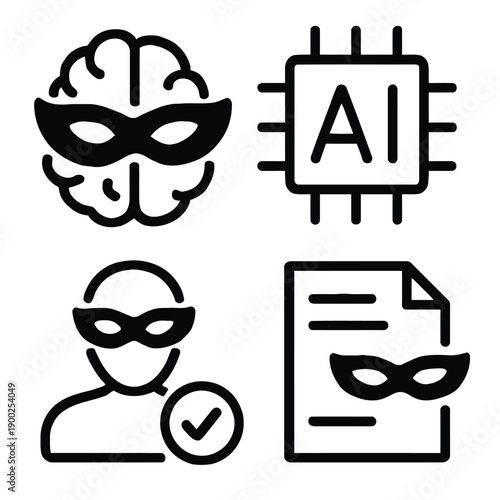 Artificial intelligence crime and data security are represented by masked figures and icons