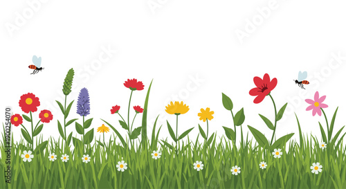 Horizontal strip of vibrant green grass adorned with colorful wildflowers and two flying bees, representing nature on