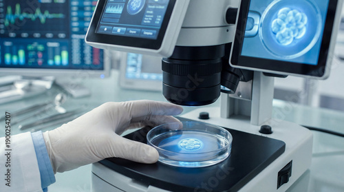 Scientist examining developing human embryo culture with high tech microscope for fertility research in IVF laboratory