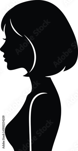 Black silhouette profile of a woman with short bob hairstyle and visible shoulders and chest female head
