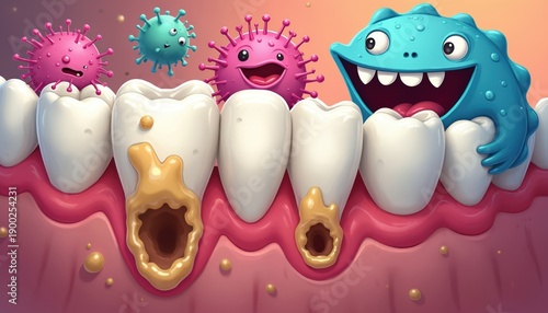 Cute cartoon monsters attack human teeth causing cavities and decay. Dental germs on tooth surface show poor oral hygiene. Microbes harm smile health and cause bad breath.