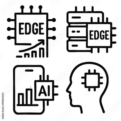 Edge computing icons depicting data transfer artificial intelligence and the human brain