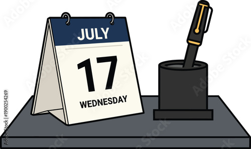 Desk Calendar With July Seventeenth Wednesday And Pen Holder With Fountain Pen
