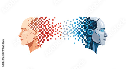 Human and robot profile faces dissolving into digital pixels, merging and transforming, representing technological
