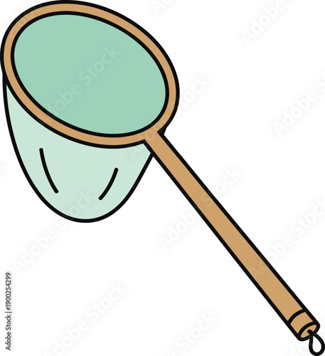 Light Green Fishing Net with a Wooden Handle on a White Background scoop catcher insect net