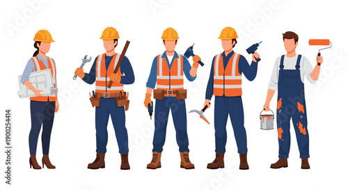 Diverse group of construction workers in safety vests and hard hats, holding various tools and blueprints on white.