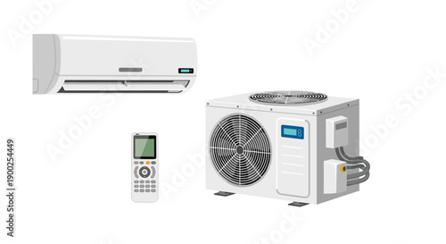 Complete split air conditioning system featuring indoor unit, outdoor compressor, and remote control on white