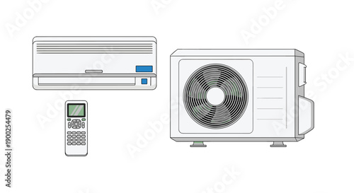 Outline rendering of a split air conditioning system, including indoor unit, outdoor compressor, and remote on white.
