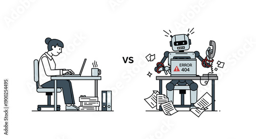 Woman efficiently working on a laptop at a tidy desk versus a struggling robot with paper chaos and phone, highlighting
