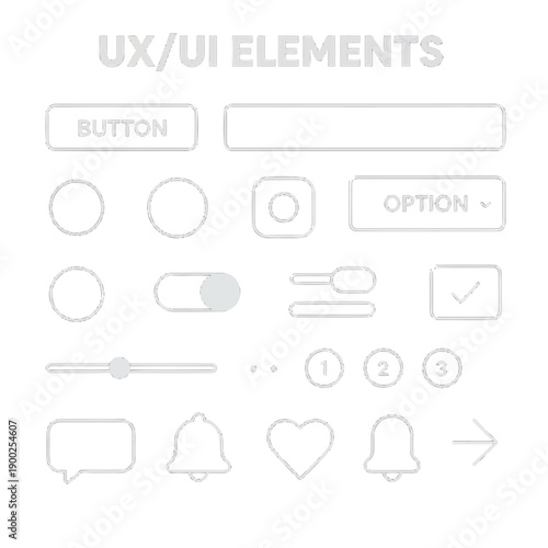 Collection of common user interface elements including buttons toggles and icons shown in grayscale