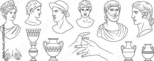 Ancient Greek and Roman Vector Line Art Collection Featuring Classical Marble Busts Antique Pottery Vases and Human Hand Gestures for History and Educational Design