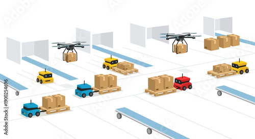 Automated warehouse scene with delivery drones and autonomous guided vehicles transporting boxes efficiently.