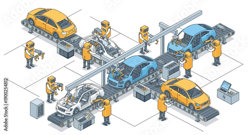 Isometric car factory assembly line with robotic arms meticulously constructing automobiles in various stages.