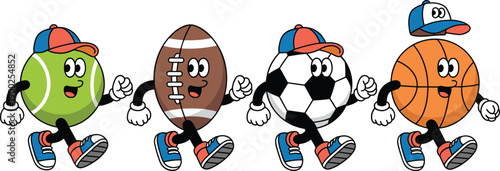 Fun Cartoon Sports Ball Characters Including Tennis American Football Soccer and Basketball Walking with Friendly Faces and Athletic Shoes for Kids