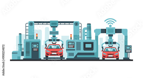 High-tech car production line with advanced robotic arms efficiently assembling modern vehicles.