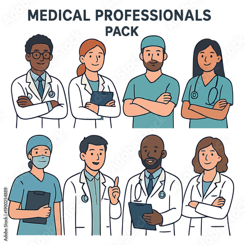 Diverse group of medical professionals illustrated in a cartoon style representing healthcare teamwork