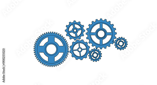 Group of interlocking blue mechanical gears demonstrating connection and system functionality on white.