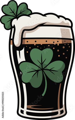 Illustration of a Full Glass of Dark Irish Stout Beer with Frothy Foam and Green Shamrock Clovers for Saint Patricks Day Celebration Graphics