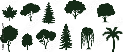 Collection of twelve diverse tree silhouettes in black on white background, showcasing various species and foliage types for botanical, landscape, or educational design use.