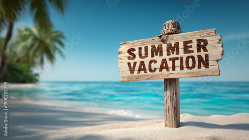 a summer tropical beach with wooden sign reading a 