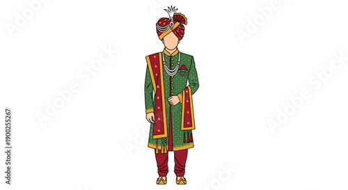 Indian groom standing in elegant traditional green and red attire with a decorative turban.