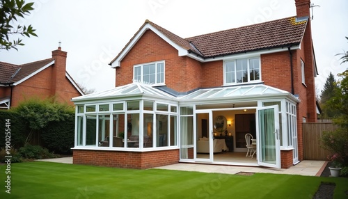 Brick house has white glass conservatory extension with patio doors open to garden. Interior shows living area furniture, natural light fills room. Extension adds extra living space.