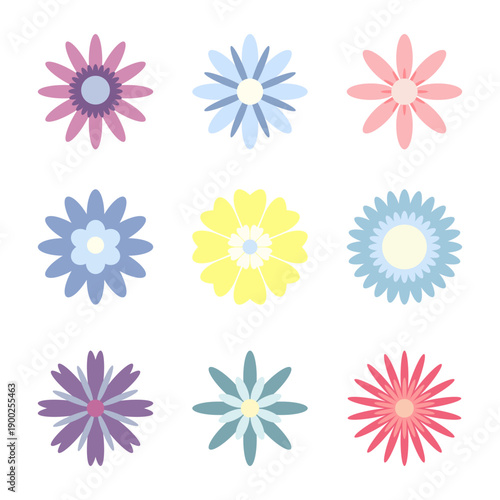 A set of abstract flower icons isolated on a white background, a color simple vector illustration. Graphic floral element for decoration and design. Decorative botanical, floral forms