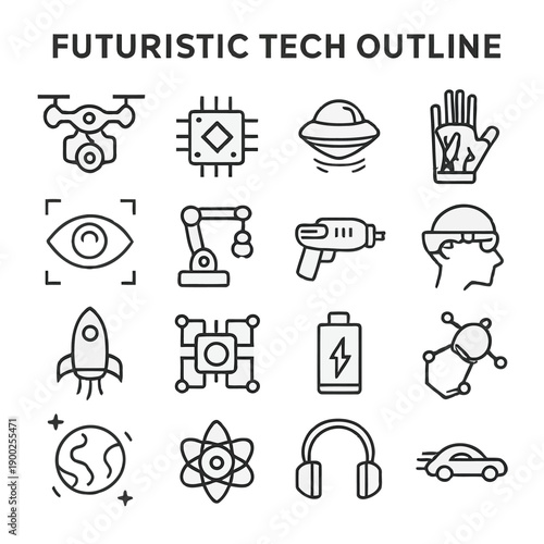 Futuristic technology icons depict robotics space travel artificial intelligence and advanced digital concepts