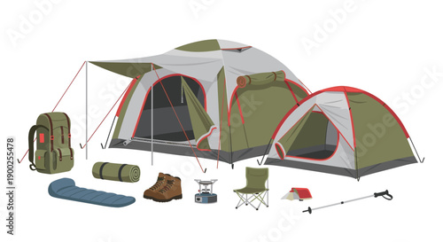 Assortment of essential camping equipment including tents, backpack, sleeping bag, boots, and stove.
