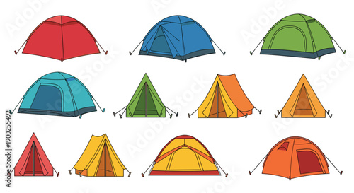 Collection of various colorful camping tents showcasing diverse shapes and designs on white.
