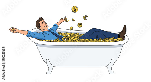 Happy man relaxing in a bathtub filled with glittering gold coins, symbolizing immense wealth.