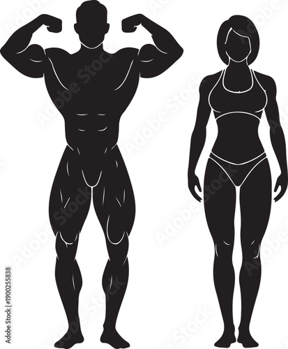 Muscular couple silhouette for fitness branding and designs, masculine man and woman, body builder.