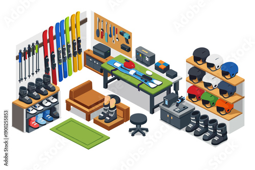Ski and snowboard workshop with equipment and accessories for winter sports