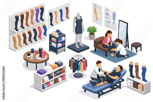 Compression stocking fitting and retail store isometric illustration