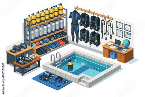 Scuba diving equipment and training room with pool and office setup