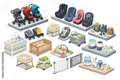 Collection of baby gear and nursery essentials displayed in isometric view