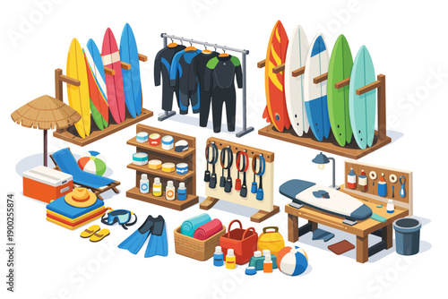 Surfing equipment and beach accessories displayed in a vibrant isometric scene