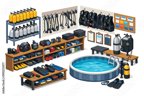 Scuba diving equipment neatly organized around a pool for training and storage