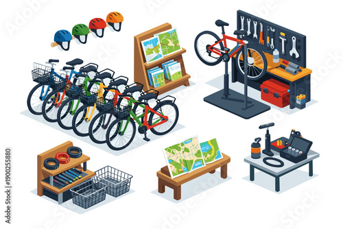 Bicycle rental shop with repair station and cycling accessories displayed