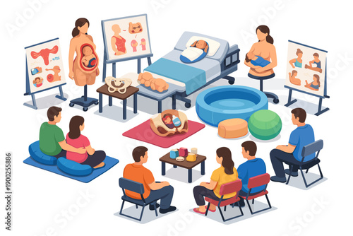 Pregnancy and childbirth education class with expectant parents learning about birth