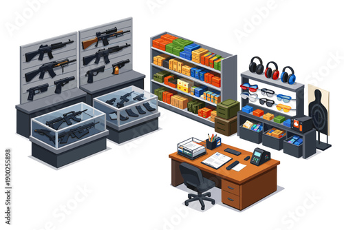 Isometric gun store interior with firearms, accessories, and office desk