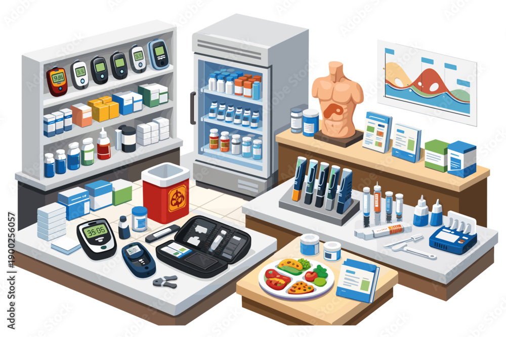 Fototapeta premium Diabetes care supplies and medical equipment display in a clinic or pharmacy setting