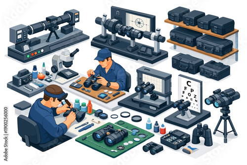 Optical equipment repair and maintenance workshop with technicians and tools