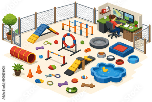 Isometric dog agility course and training equipment with person working at desk