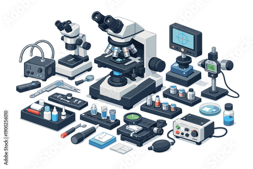 Scientific laboratory equipment collection with microscopes and tools for research
