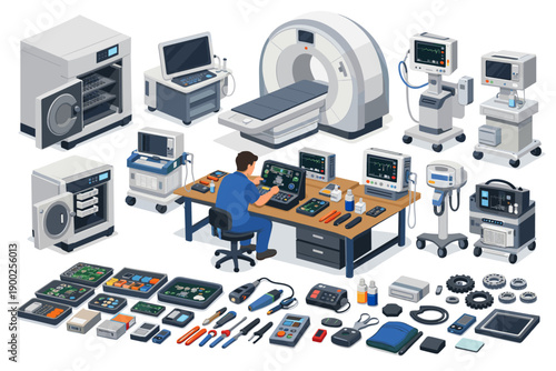 Medical equipment repair and maintenance technician working on diagnostic machines