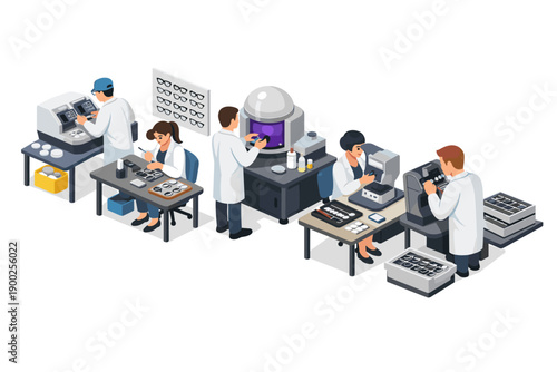 Opticians and technicians working in an optical laboratory manufacturing eyeglasses