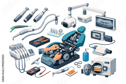 Collection of modern dental equipment and tools arranged for a clinic or laboratory setting