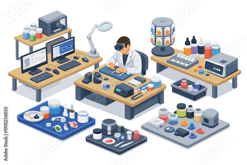 Scientist working in a laboratory with advanced equipment and various components